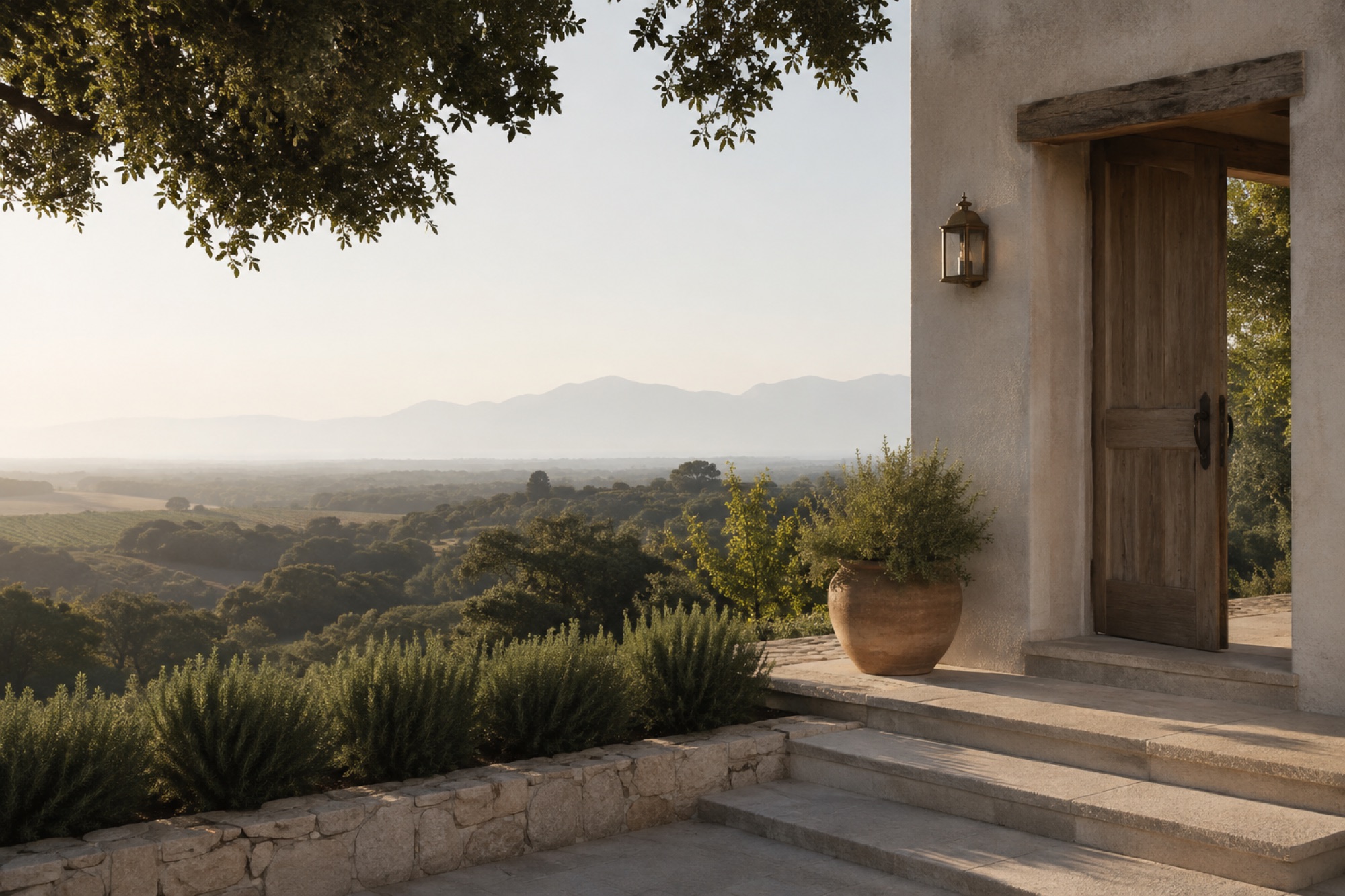 A quiet estate threshold overlooking a Southern California valley